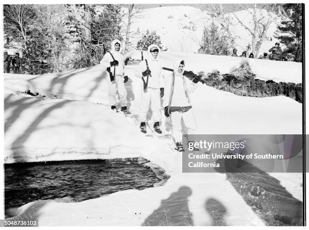 United States Marines in cold weather training camp at Pickel Meadows men from Camp Pendleton go through maneuvers, 09 January 1952. Private First...