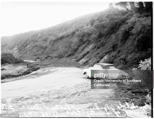 Storm picture...landslide blocks Mulholland Drive, just south of Sunny Cove, 22 January 1952.'Mulholland Drive, just south of Sunny Cove; Los...