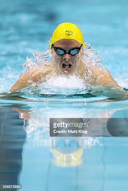 Leisel Jones of Australia competes in the Women's 200m Breaststroke Final at the Dr. S.P. Mukherjee Aquatics Complex during day three of the Delhi...