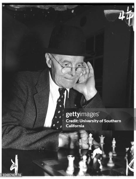 Chess Club, Monterey Park, 18 April 1952. Charles McCully, 70;Calvin Will, 38;F.F Eddy, 82;N.P Nelson, 79;William F Salt, 69.;Caption slip reads:...