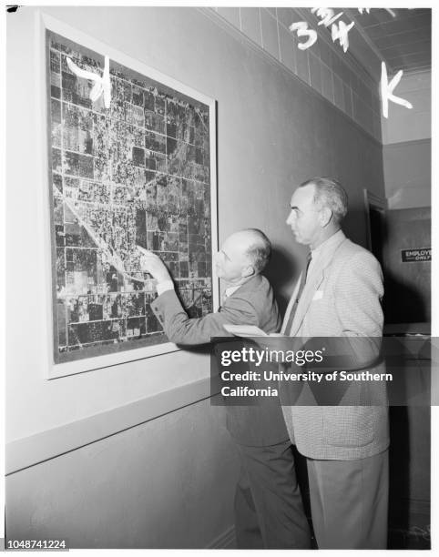 Glendora layout, 8 May 1952. Claude E Midkiff, Fire Chief;Diane Mauck;Sally Hawekotte;Joyce McClendon, Fiesta Queen;Pat Zaffiras ;Connie Adams;Louis...