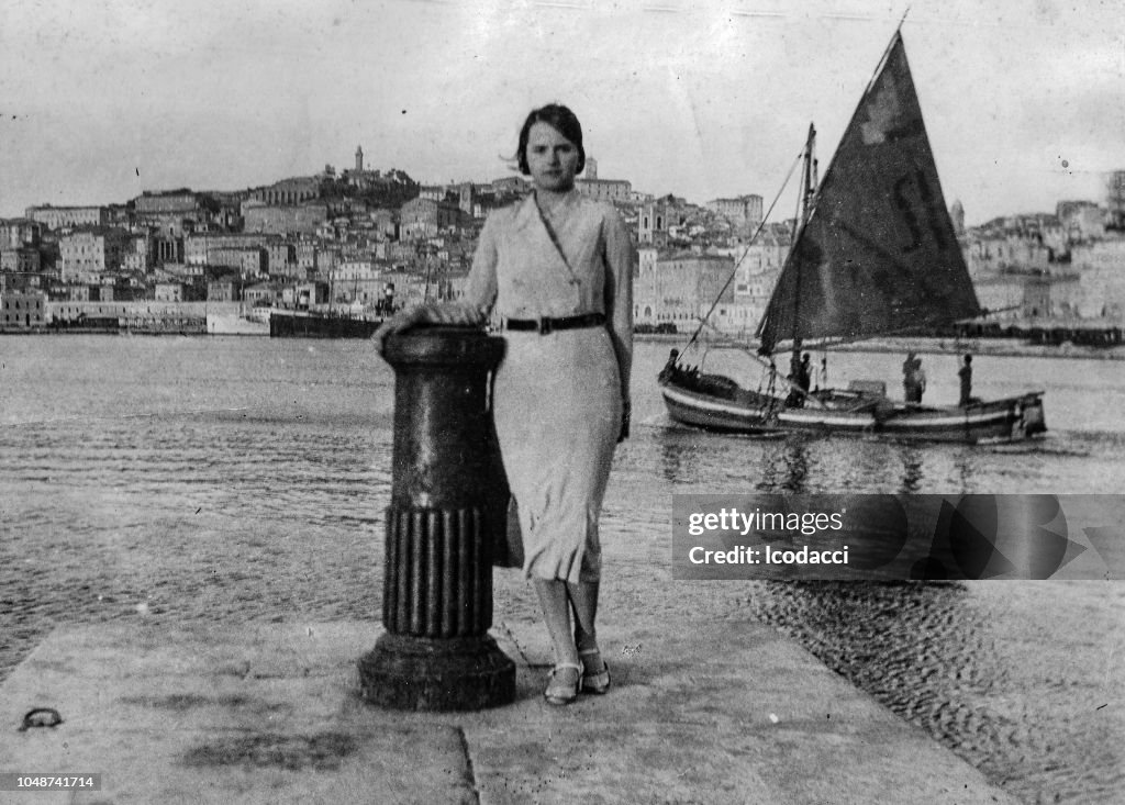 1920s young woman portrait at the beach, Italy.