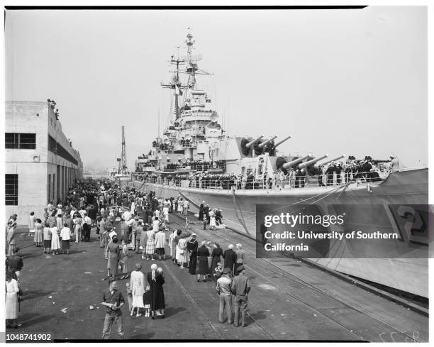 Arrival of USS Rochester, cruiser, San Pedro, 7 May 1952. Lieutenant Thomas Graham, United States Navy;Marilyn Graham;Mrs Frank Lorraine...