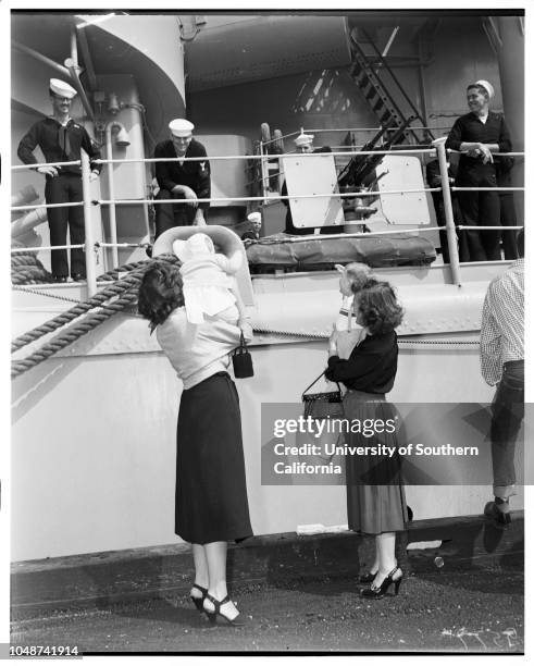 Arrival of USS Rochester, cruiser, San Pedro, 7 May 1952. Lieutenant Thomas Graham, United States Navy;Marilyn Graham;Mrs Frank Lorraine...