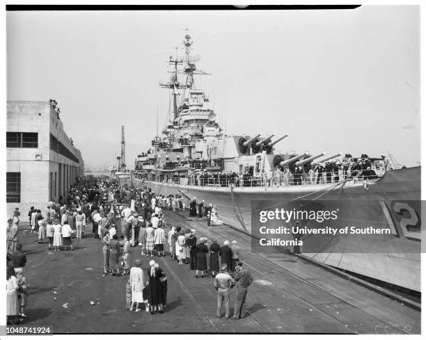 Arrival of USS Rochester, cruiser, San Pedro, 7 May 1952. Lieutenant Thomas Graham, United States Navy;Marilyn Graham;Mrs Frank Lorraine...