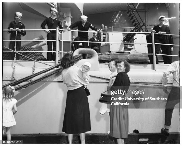 Arrival of USS Rochester, cruiser, San Pedro, 7 May 1952. Lieutenant Thomas Graham, United States Navy;Marilyn Graham;Mrs Frank Lorraine...