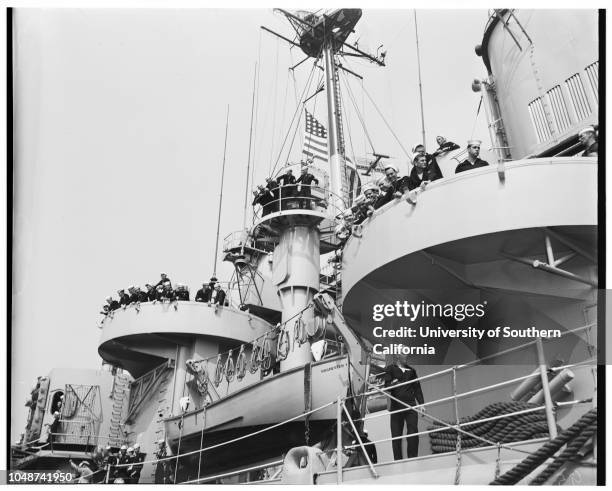 Arrival of USS Rochester, cruiser, San Pedro, 7 May 1952. Lieutenant Thomas Graham, United States Navy;Marilyn Graham;Mrs Frank Lorraine...