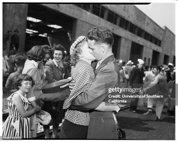 Arrival of USS Rochester, cruiser, San Pedro, 7 May 1952. Lieutenant Thomas Graham, United States Navy;Marilyn Graham;Mrs Frank Lorraine...