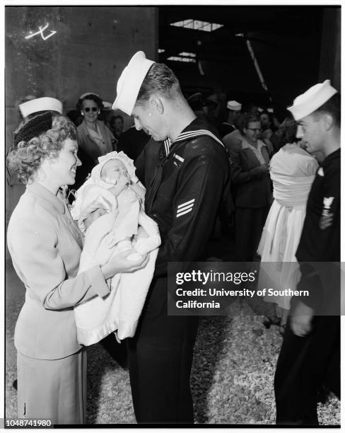 Arrival of USS Rochester, cruiser, San Pedro, 7 May 1952. Lieutenant Thomas Graham, United States Navy;Marilyn Graham;Mrs Frank Lorraine...