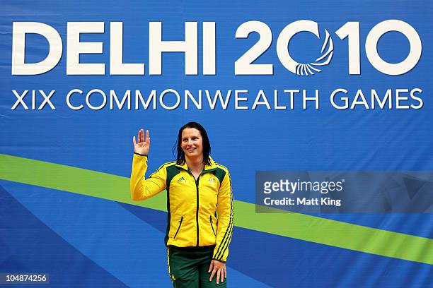 Leisel Jones of Australia thanks the crowd prior to receiving the gold medal during the medal ceremony for the Women's 200m Breaststroke Final at the...