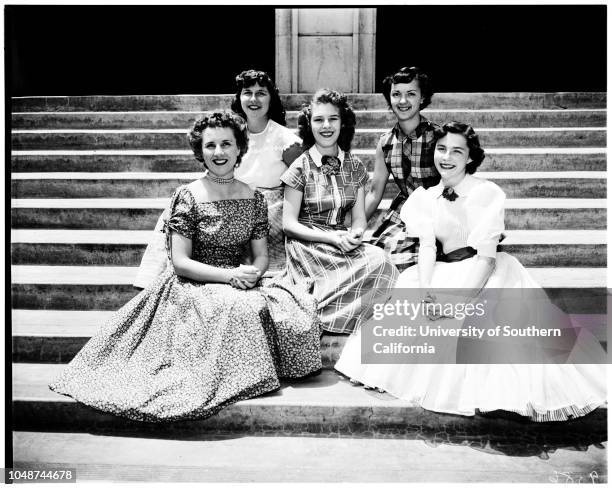 All states queen candidates, 12 May 1952. Evelyn Armstrong chino;Darlene Edwards Upland;Carrie Muratore, Ontario;Wanda Wright Ontario;Marion Evans...