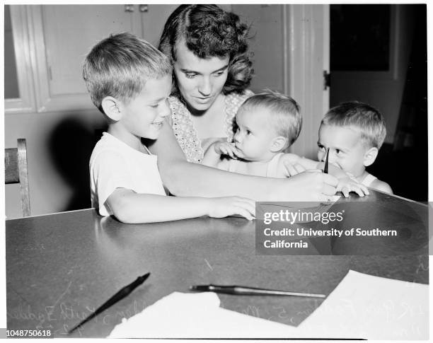 Kindergarten registration , 2 September 1952. Gary Fadden -- 5 years;Mrs Edgar Fadden;Keith Fadden -- 11 months;Donna Day -- 5 years;Mrs Francis...