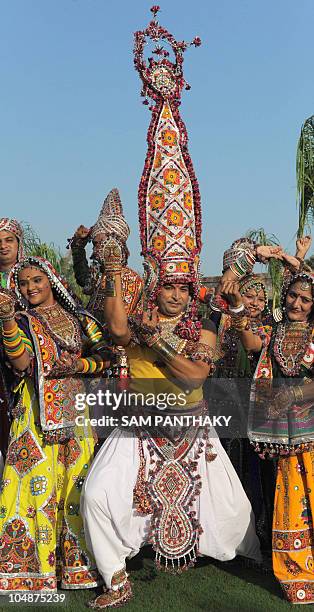 Indian dancers from the Ghunghat Group participate during a full traditional dress rehearsal in preparation for the Hindu Navratri festival in...