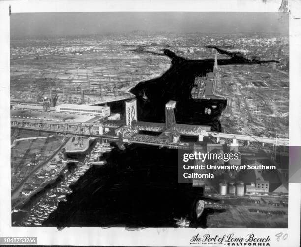 Photograph of a birdseye view of the sinking bascule bridge 'Old Basky' and the Commodore Schuyler F Heim drawbridge in front of it. 'Two attempts...