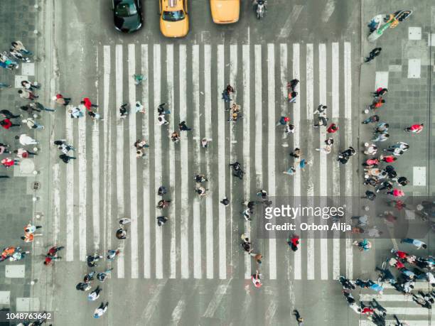 pedestrians on zebra crossing, new york city - aerial view stock pictures, royalty-free photos & images