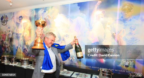 Europe Team Captain Colin Montgomerie in the team room with the Ryder Cup following Europe's victory in the 2010 Ryder Cup at the Celtic Manor Resort...