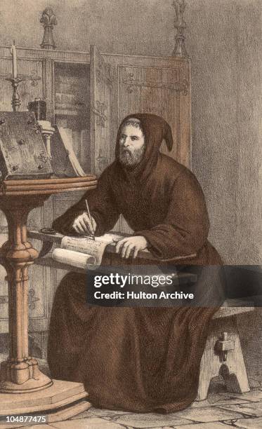 Franciscan monk at his books, circa 1800. A lithograph by Emrik and Binger of Haarlem.