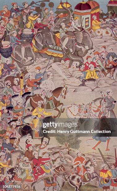 Mughal Emperor Akbar the Great in procession, circa 1600. He ruled in India from 1556 to 1605. A miniature from a copy of the Mahabharata written for...