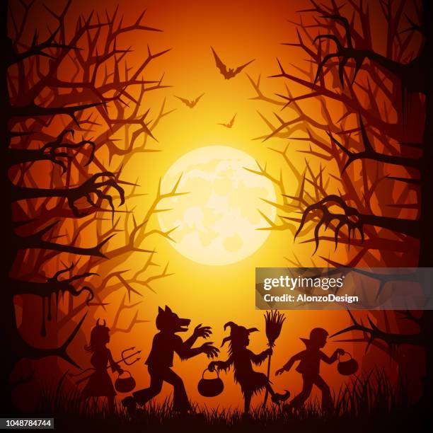 children celebrating halloween - werewolf costume stock illustrations