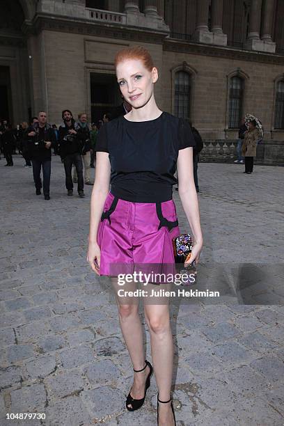 Jessica Chastain leaves the Louis Vuitton Ready to Wear Spring/Summer 2011 show during Paris Fashion Week at Cour Carree du Louvre on October 6, 2010...