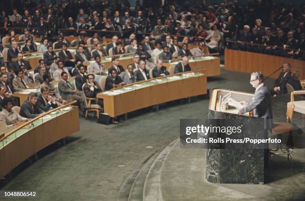 Chilean socialist politician and President of Chile, Salvador Allende pictured addressing members of the United Nations General Assembly in session...