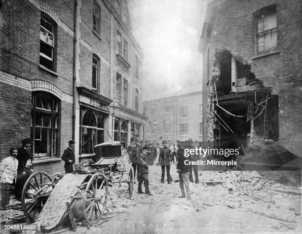 Debris from a wall blown into the street by an explosion which occurred at Scotland Yard during the Fenian activities. May 1884.