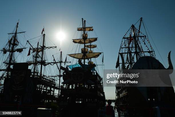 View of the tourist boat silhouettes ahead of the second stage - the Sportoto 154.1km Alanya - Antalya, of the 54th Presidential Cycling Tour of...