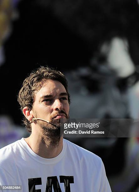 Pau Gasol of the Los Angeles Lakers looks on during the 'House of Hoops' contest by Foot Locker on October 6, 2010 in Barcelona, Spain.