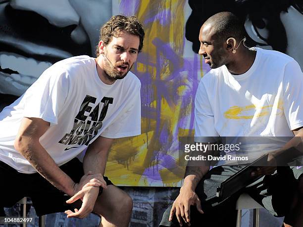 Kobe Bryant of the Los Angeles Lakers and Pau Gasol of the Los Angeles Lakers chat during the 'House of Hoops' contest by Foot Locker on October 6,...