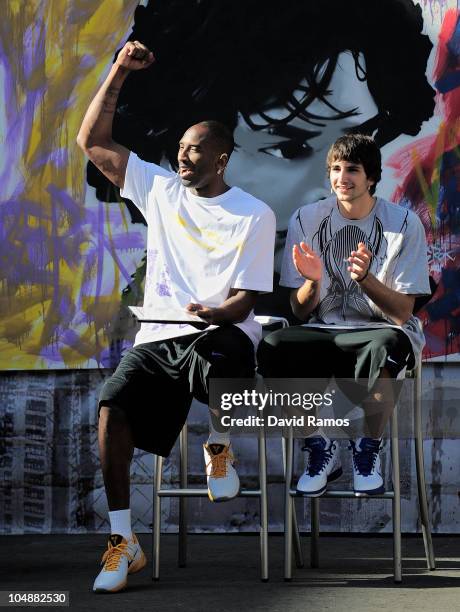 Kobe Bryant of the Los Angeles Lakers and Ricky Rubio of Regal FC Barcelona react during the 'House of Hoops' contest by Foot Locker on October 6,...