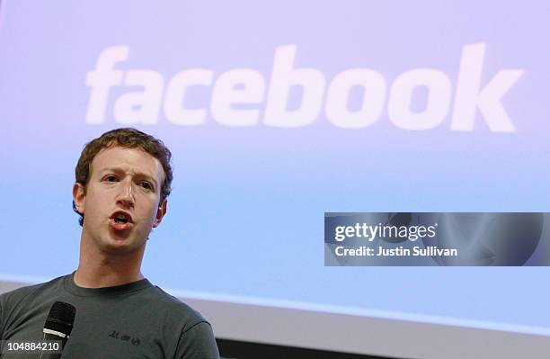 Facebook founder and CEO Mark Zuckerberg speaks during a news conference at Facebook headquarters on October 6, 2010 in Palo Alto, California....