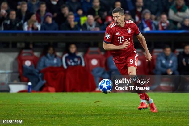 Robert Lewandowski of Bayern Muenchen controls the ball during the Group A match of the UEFA Champions League between Borussia Dortmund and AS Monaco...