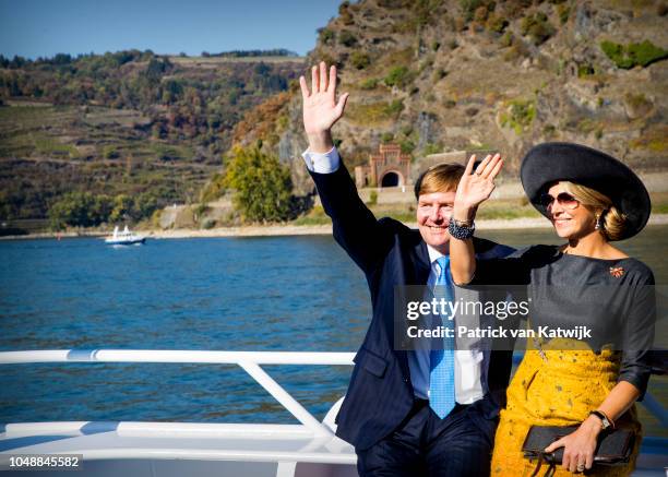 King Willem-Alexander of the Netherlands and Queen Maxima of The Netherlands during a cruise at the Rhine river on October 10, 2018 in Oberwesel,...