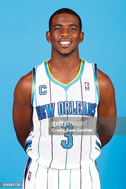 Chris Paul of the New Orleans Hornets poses for a portrait during 2010 NBA Media Day on September 27, 2010 at the New Orleans Arena in New Orleans,...