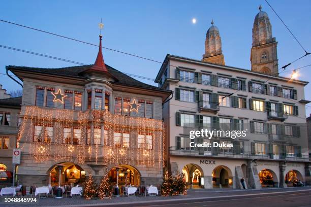 Switzerland, Zurich, Limmatquai, Grossmunster christmas illumination.