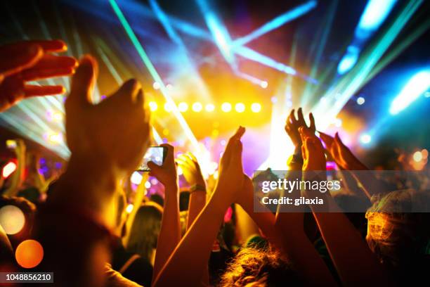 cheering crowd at a concert. - dj party stock pictures, royalty-free photos & images