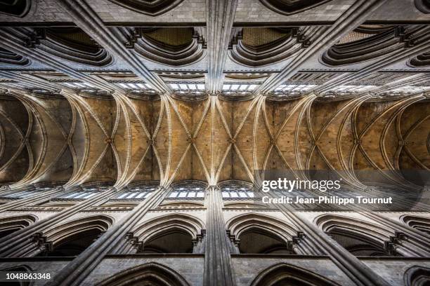 vertical view of the ogive vaulted ceiling of the gothic style cathedral of rouen, cathédrale notre-dame de l'assomption de rouen, normandy, france - rouen france stock pictures, royalty-free photos & images