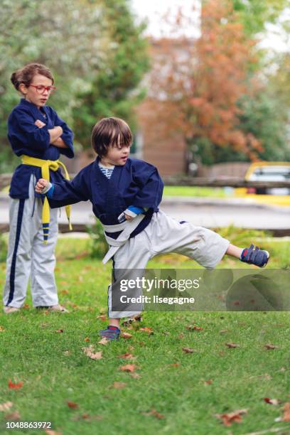 little boy with down syndrome having activities with family - karate imagens e fotografias de stock