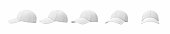 3d rendering of five white baseball caps shown in one line from side to front view on a white background.