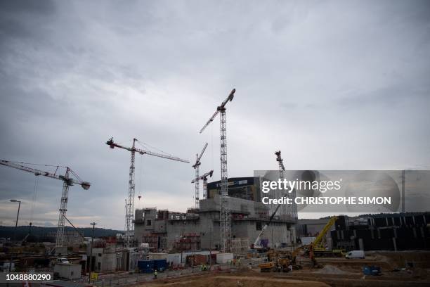 General view taken on October 10, 2018 shows the ITER construction site where will be installed the Tokamak, a confinement device being developed to...