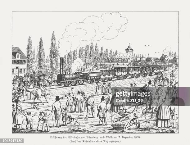 bavarian ludwig railway, first german railway (1835), woodcut, published 1885 - industrial revolution stock illustrations