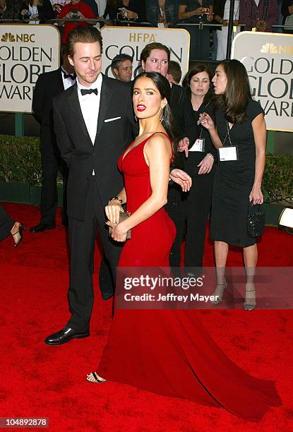 Edward Norton & Salma Hayek during The 60th Annual Golden Globe Awards - Arrivals at The Beverly Hilton Hotel in Beverly Hills, California, United...