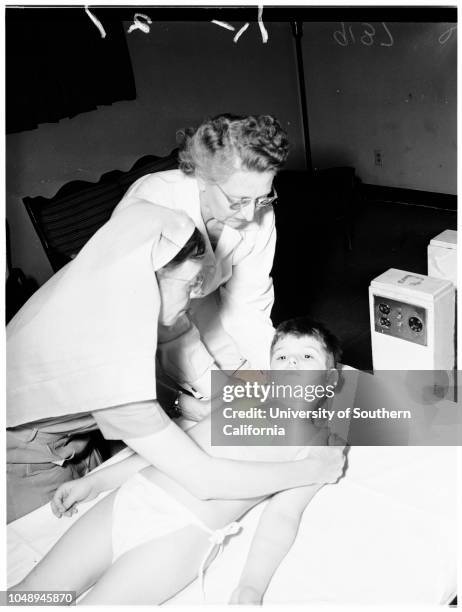 Ruth Home polio therapy , April 19, 1951. Craig Sorenson -- 1 year;Nicholas Monsour -- 14 years;Adenem Murray;Dr. Zena Symeonides;Vickey Sims -- 20...