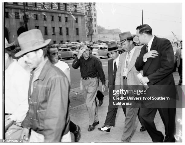 Cohen convicted, June 20, 1951. Mickey Cohen;Deputy Marshall Earl Baugher;Deputy Marshall Charles W Ross;Lavonne Cohen..