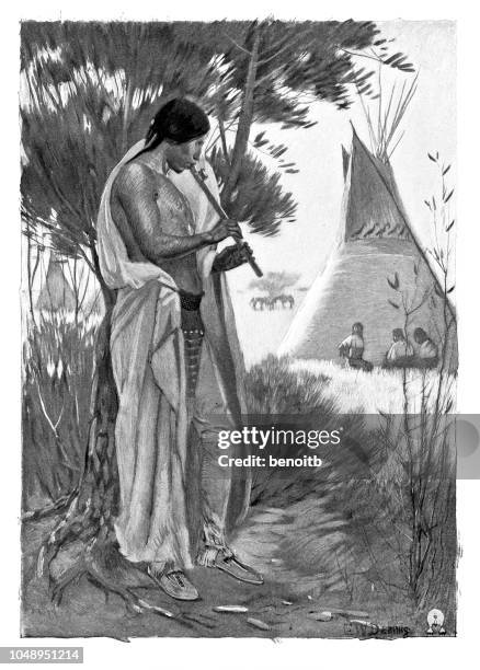 native american playing flute near the teepee - teepee stock illustrations