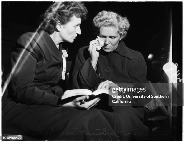 Billy Graham and Sawdust Trail, 02 October 1951. Mrs Dawson Trotman;Mrs Lovena McGlothin;Ray Zimmerman ;Charles Nehs;Billy Graham;Carole Veccellio...