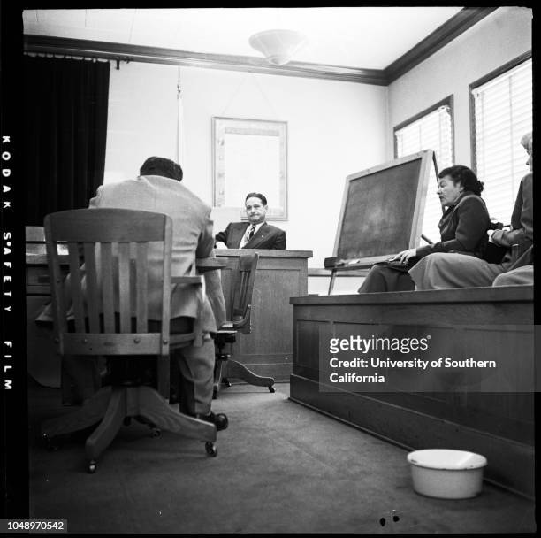 Lili Saint Cyr trial , 4 December 1951. Deputy C.H. Conner;Jerry Geisler;Lili Saint Cyr;Armando Orsini.;Caption slip reads: 'Photographer: Mercurio....