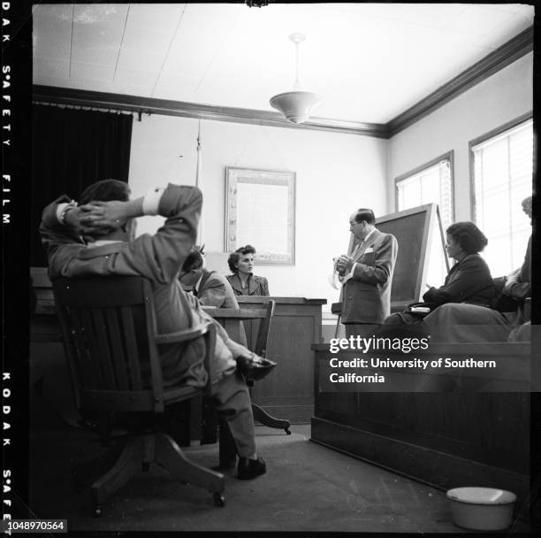 Indecent exposure case, 5 December 1951. Lili Saint Cyr, defendant;Armando Orsini, husband of above;Jerry Geisler, Attorney for Lili;Herman Hover,...