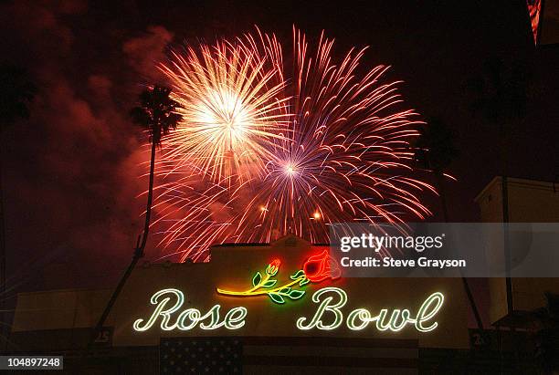 Fireworks explode over the Rose Bowl during 4th of July Taste of America.