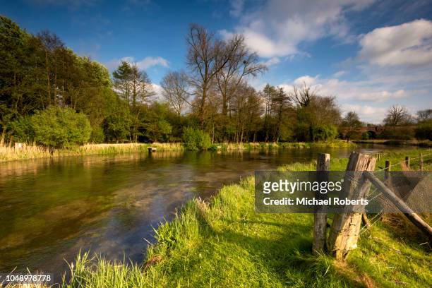 a stretch of the chalkstream river itchen near twyford, hampshire, popular for trout fishing - england river landscape stock-fotos und bilder